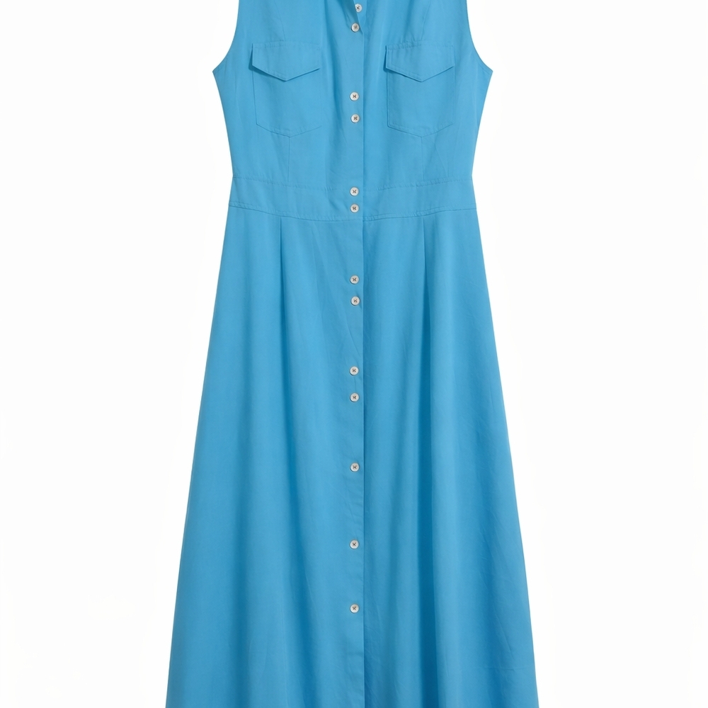 Sleeveless Button-Front Blue Maxi Dress